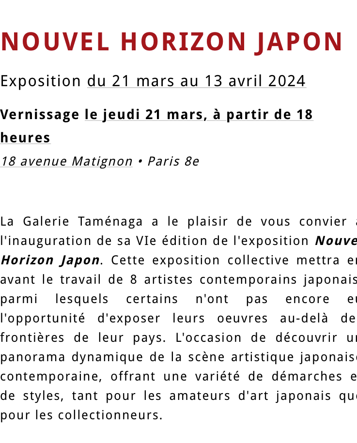 Galerie Taménaga Nouvel horizon Japon partir Mars 2024.