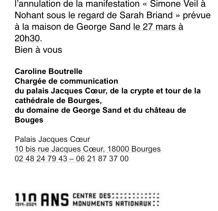 Simone Veil Nohant -annulation rencontre avec Sarah Briand Mars 2024.