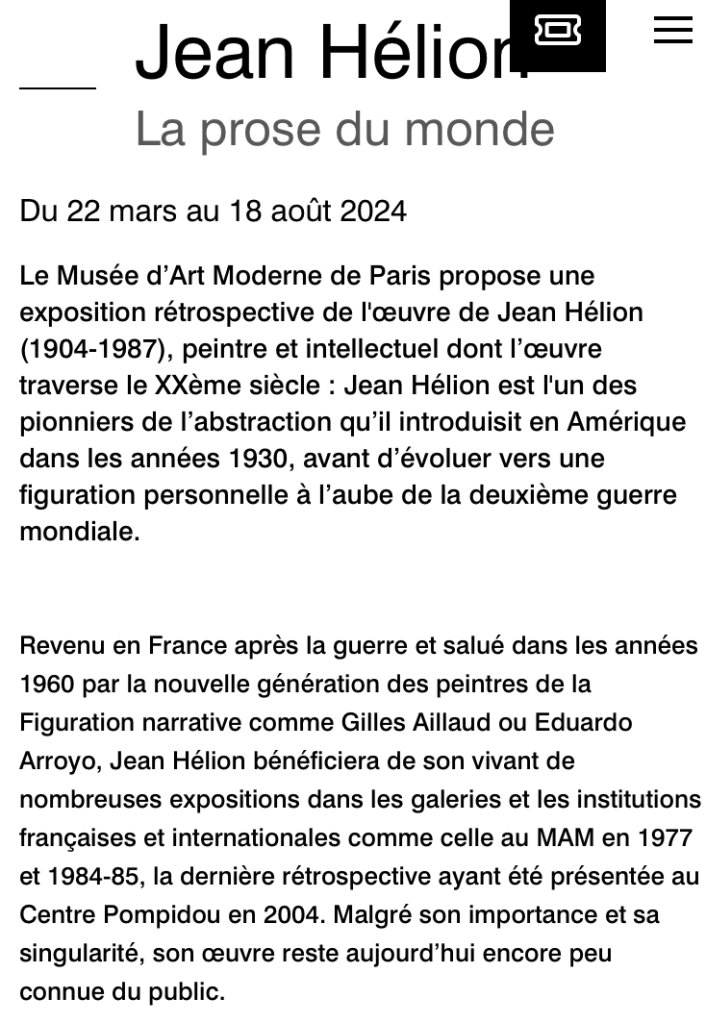 Musée d’Art Moderne Paris Jean Hélion- prose monde Mars Août 2024.