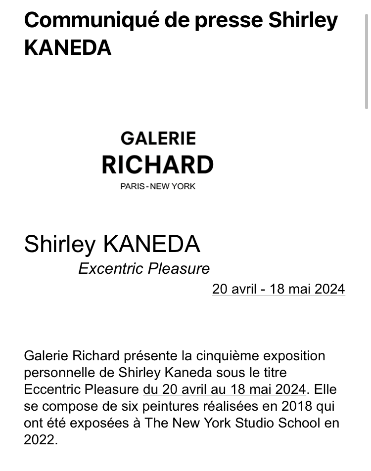 Galerie Richard Shirley Kaneda partir Avril 2024.