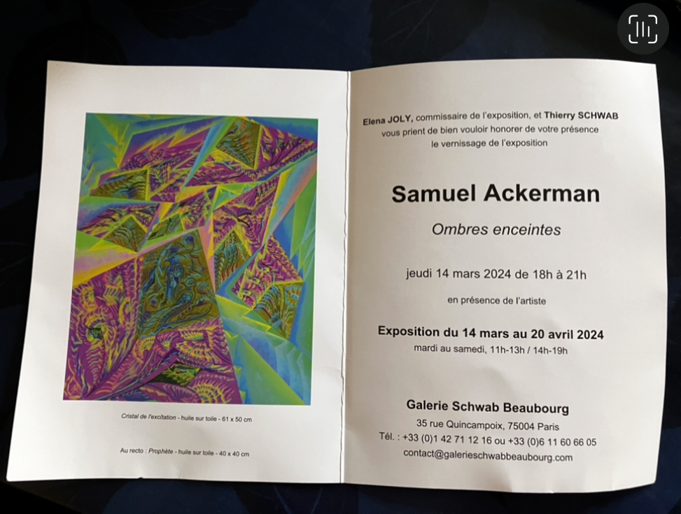 Galerie Schwab Beaubourg exposition Samuel Ackerman- Ombres enceintes jusqu’au Avril 2024.