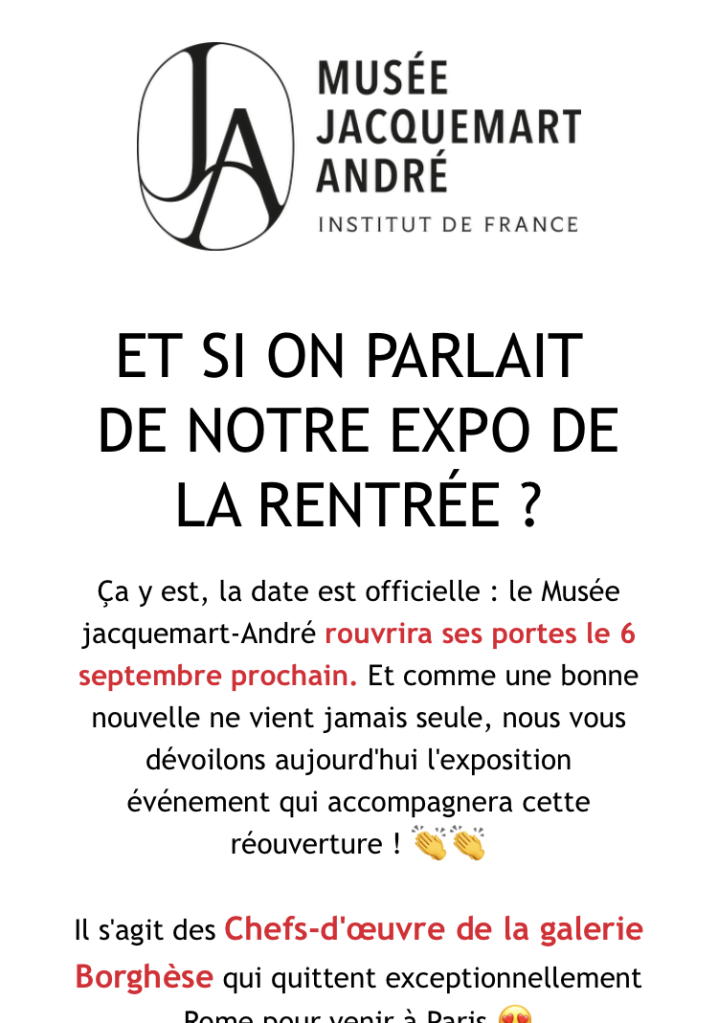 Musée Jacquemart André rentrée prochaine Septembre 2024. galerie Borghèse