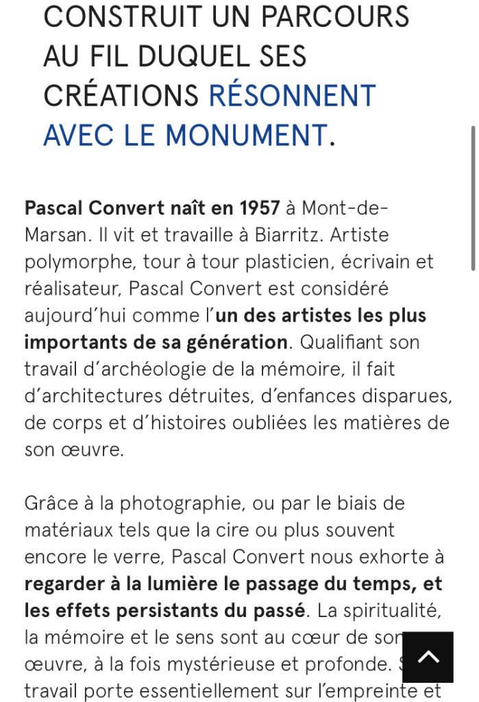 Abbaye Royale Fontevraud exposition Pascal Convert. partir Mars 2024.