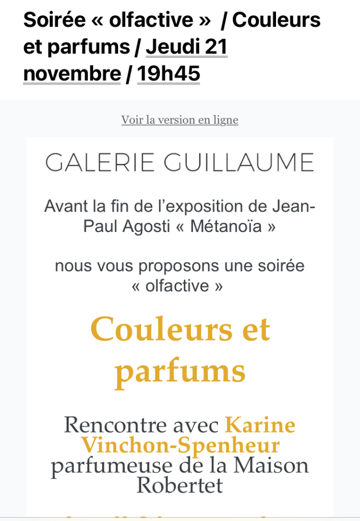 Galerie Guillaume soirée olfactive couleurs parfums- jeudi Novembre 2024.